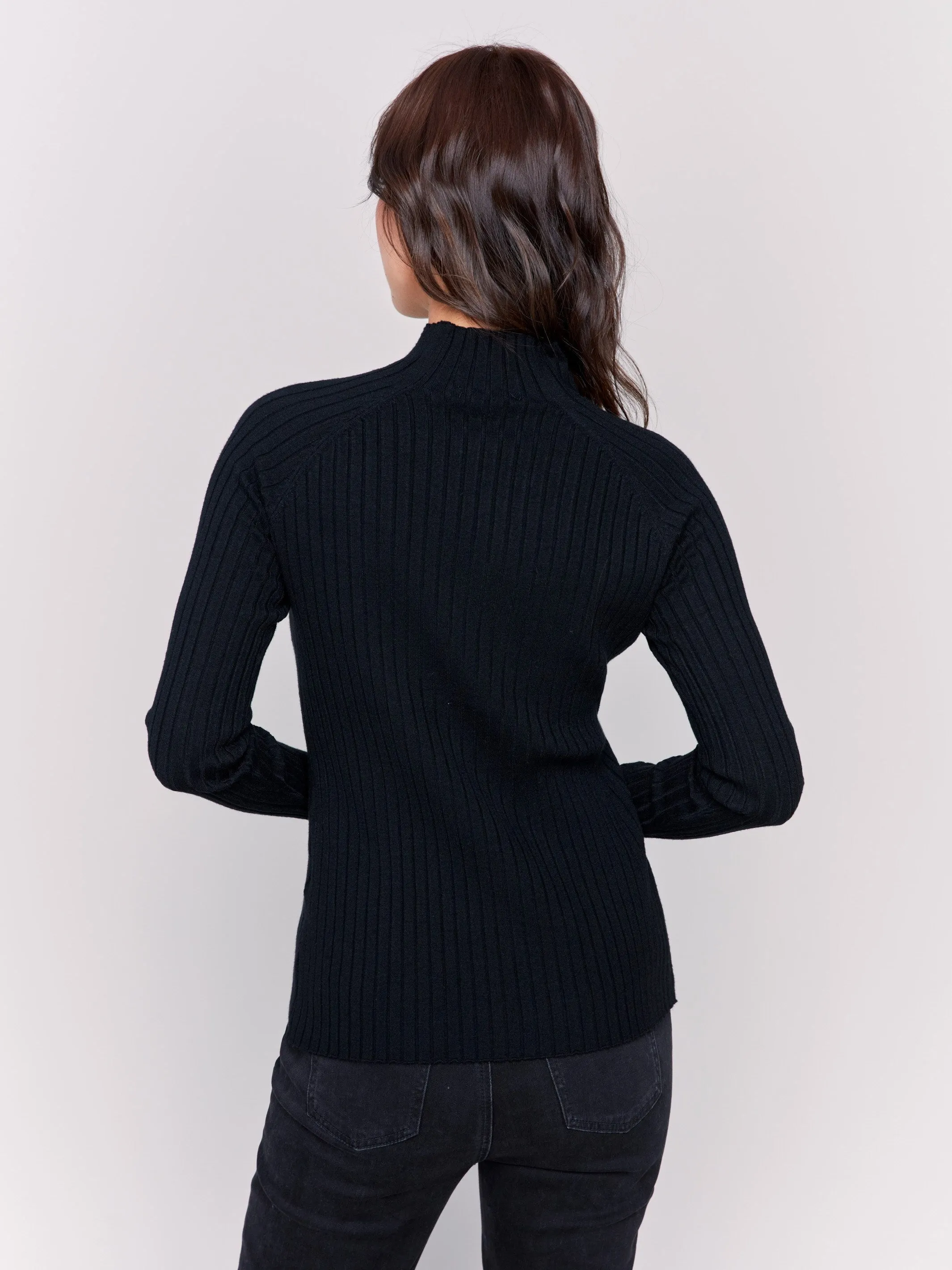 Ribbed Knit Mock Neck Sweater - Black