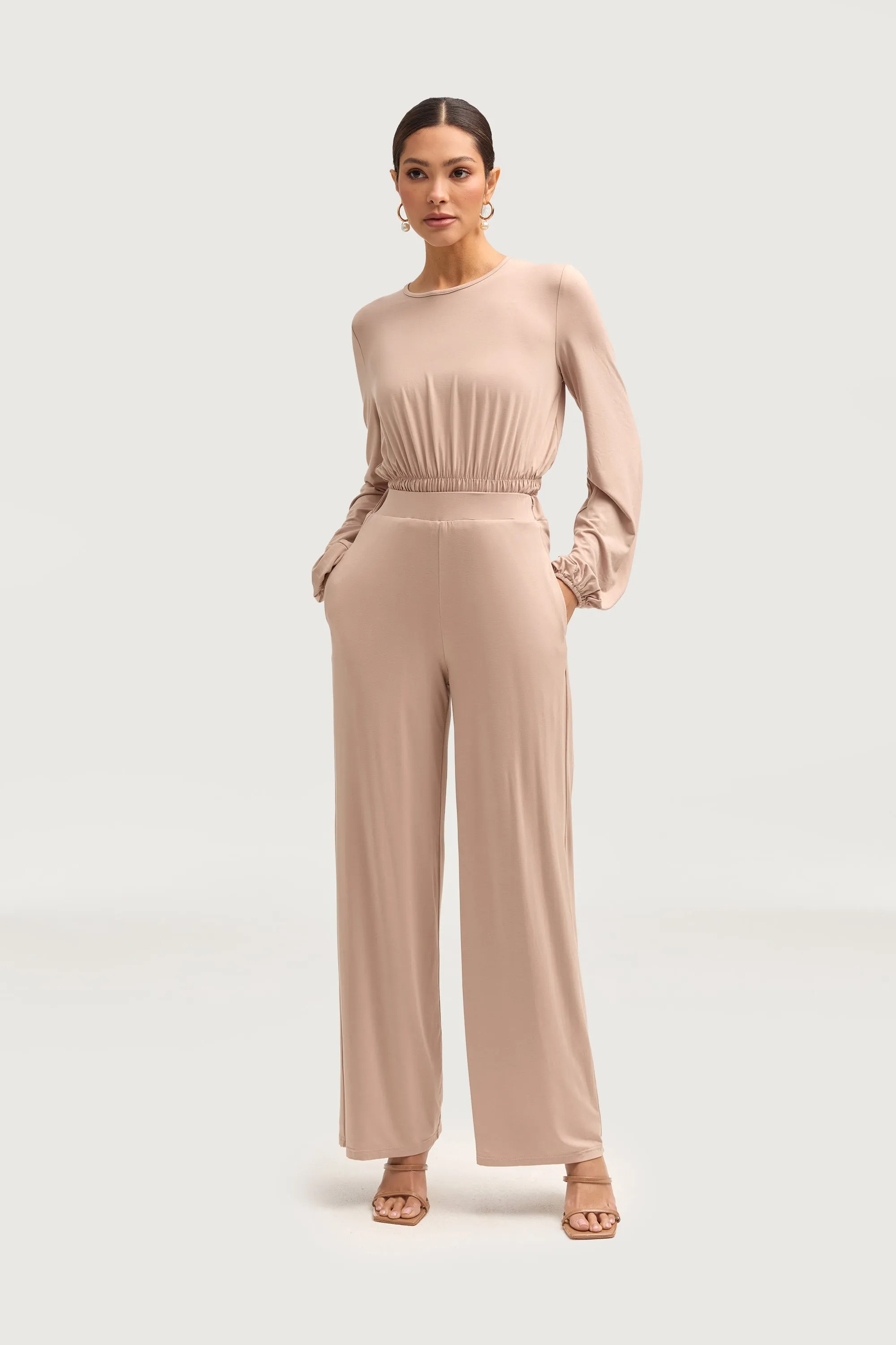 Rouched Top & Wide Leg Pants Matching Set - Mink