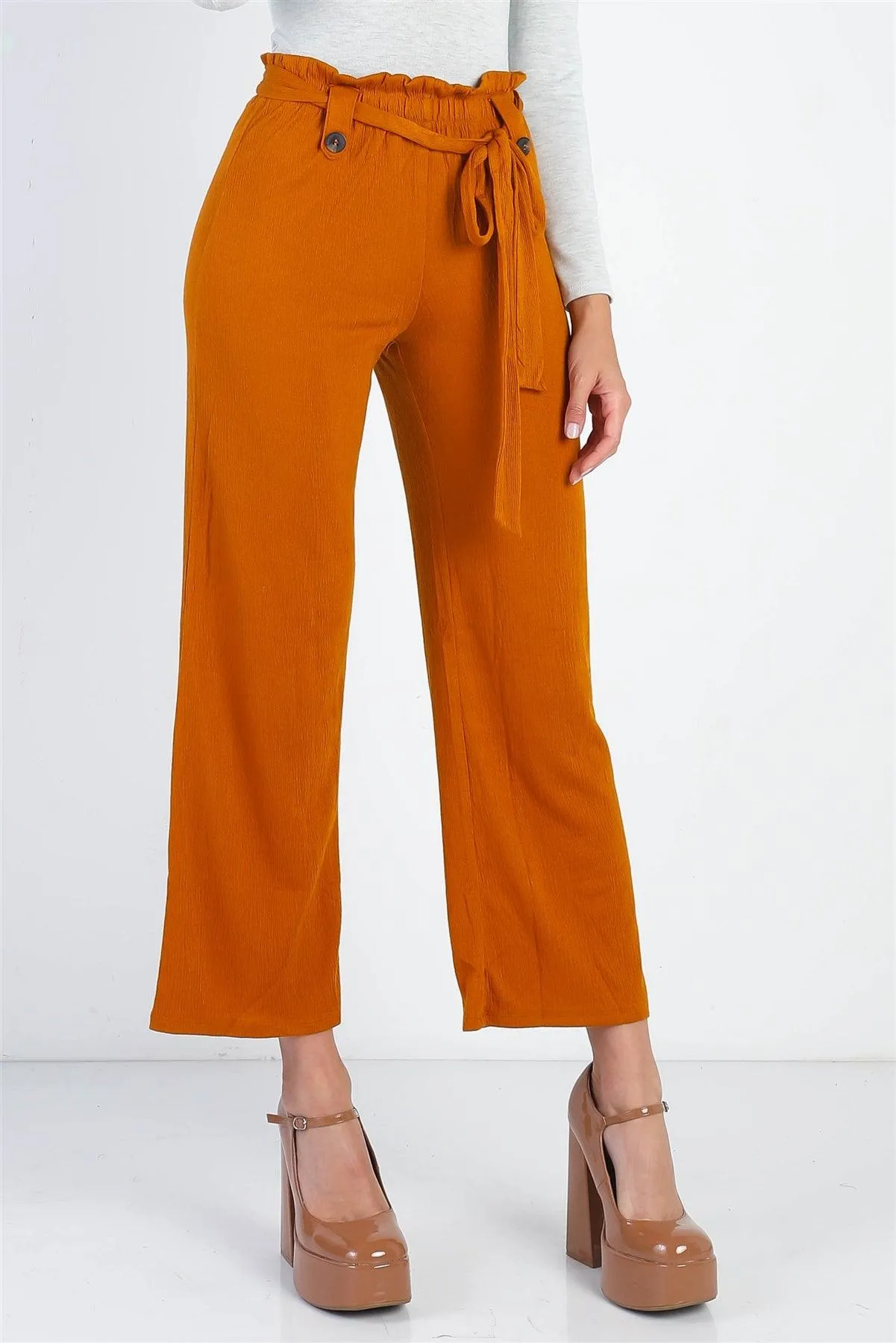 Rust Textured Self-Tie Belted Culotte Pants