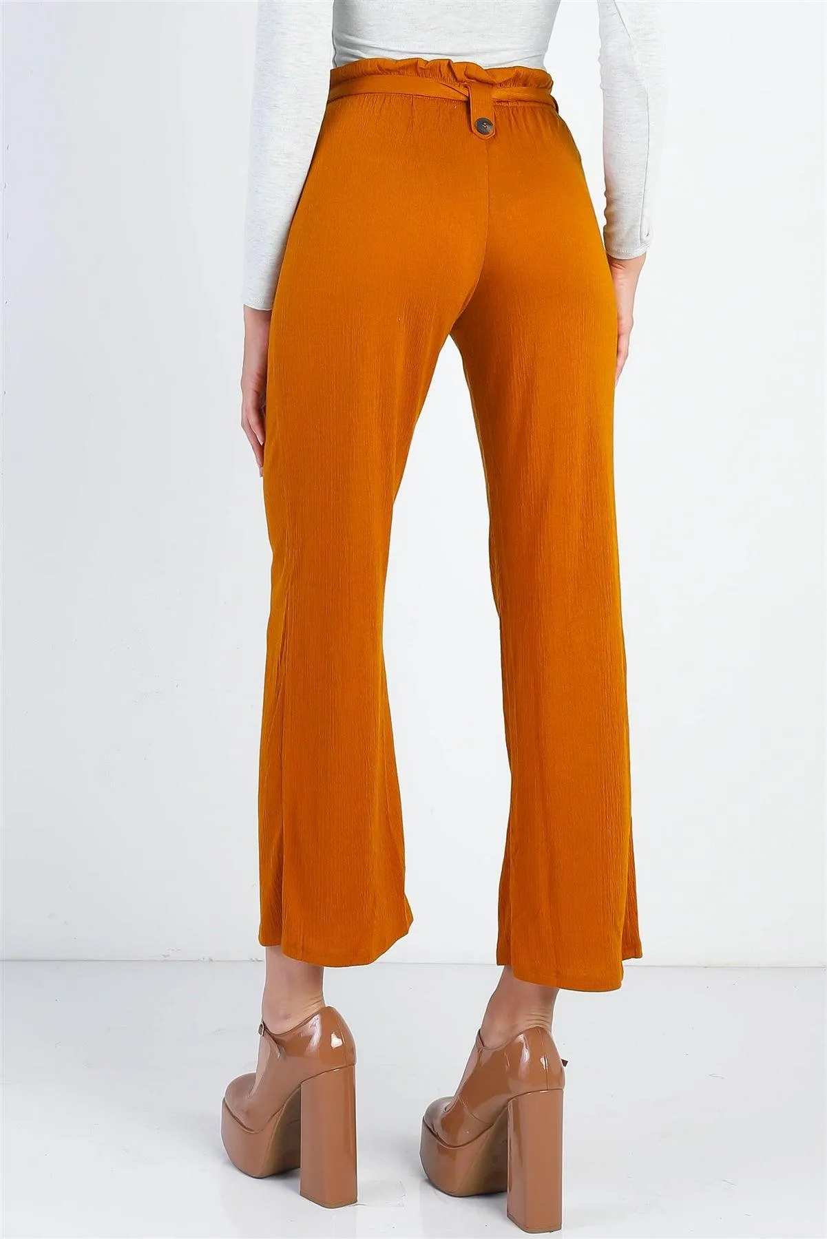 Rust Textured Self-Tie Belted Culotte Pants