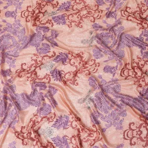 Salmon peach Premium pure Italian silk blended burnout velvet fabric with purple and crimson red print in fancy design-D13842