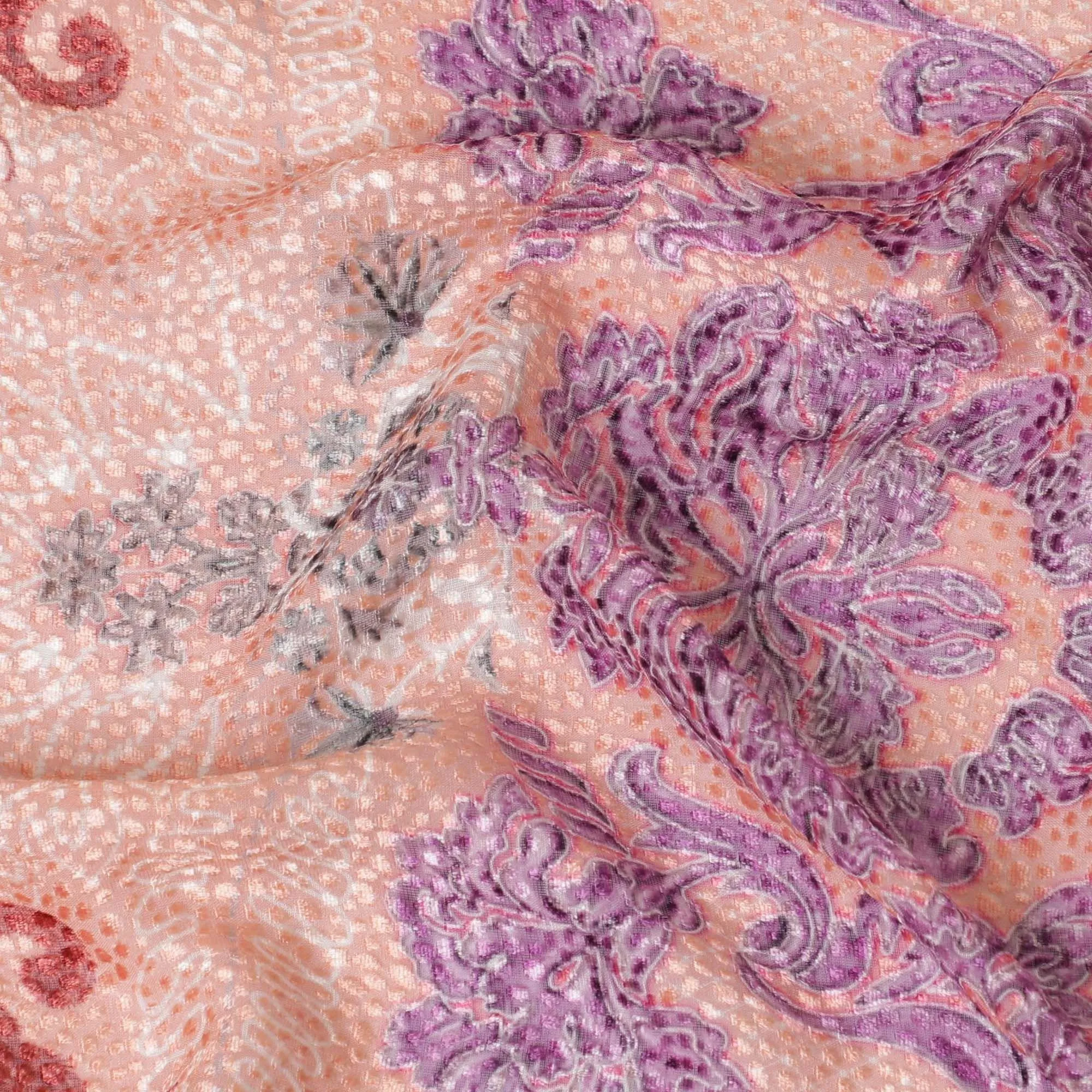 Salmon peach Premium pure Italian silk blended burnout velvet fabric with purple and crimson red print in fancy design-D13842