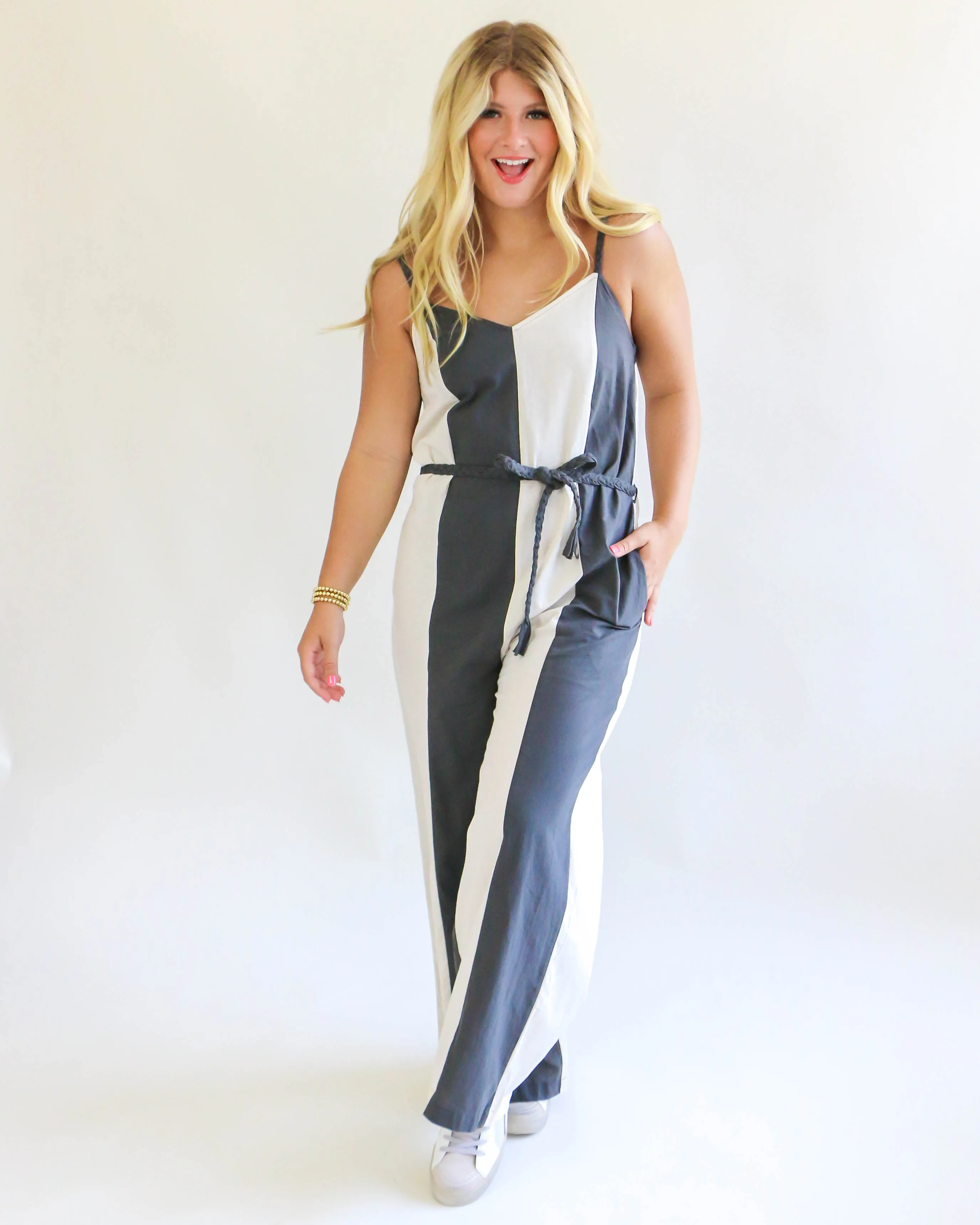 Striped Jumpsuit With Braided Drawstring in Charcoal