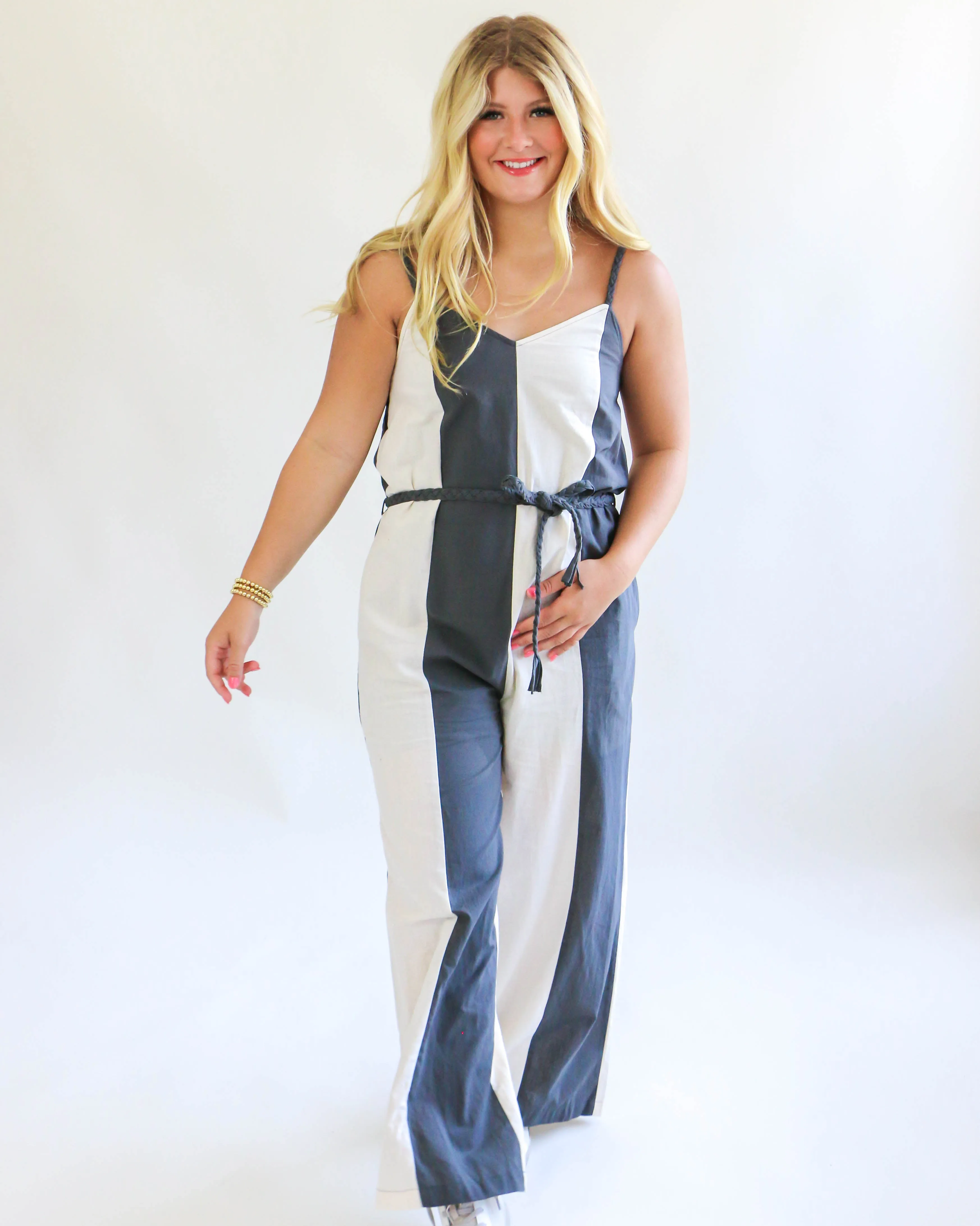 Striped Jumpsuit With Braided Drawstring in Charcoal