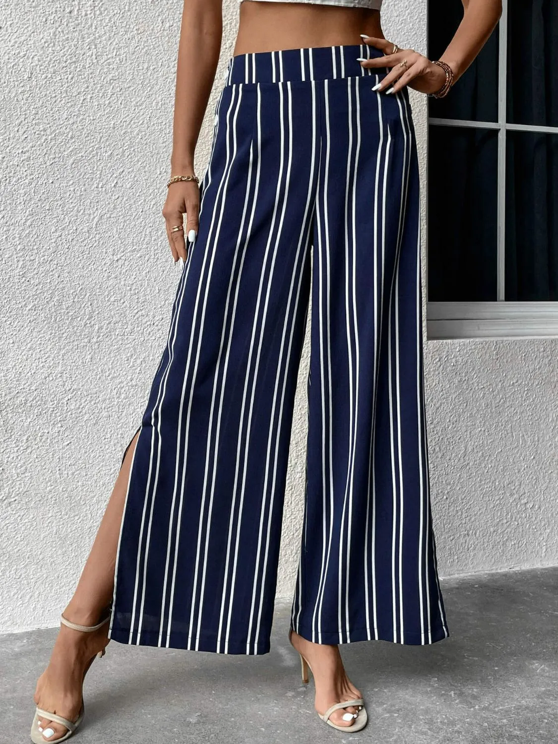 Striped Slit Wide Leg Pants