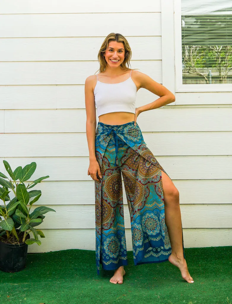 Teal Lotus Floral Mandala Palazzo Wrap Pants