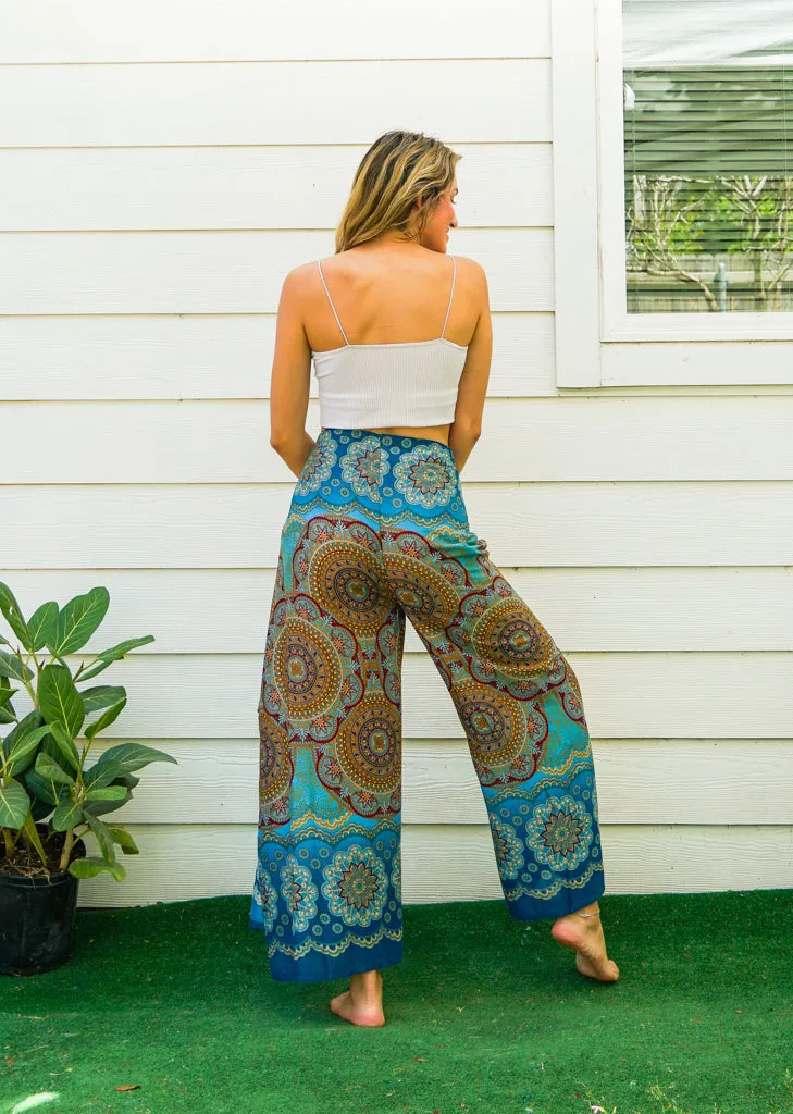 Teal Lotus Floral Mandala Palazzo Wrap Pants