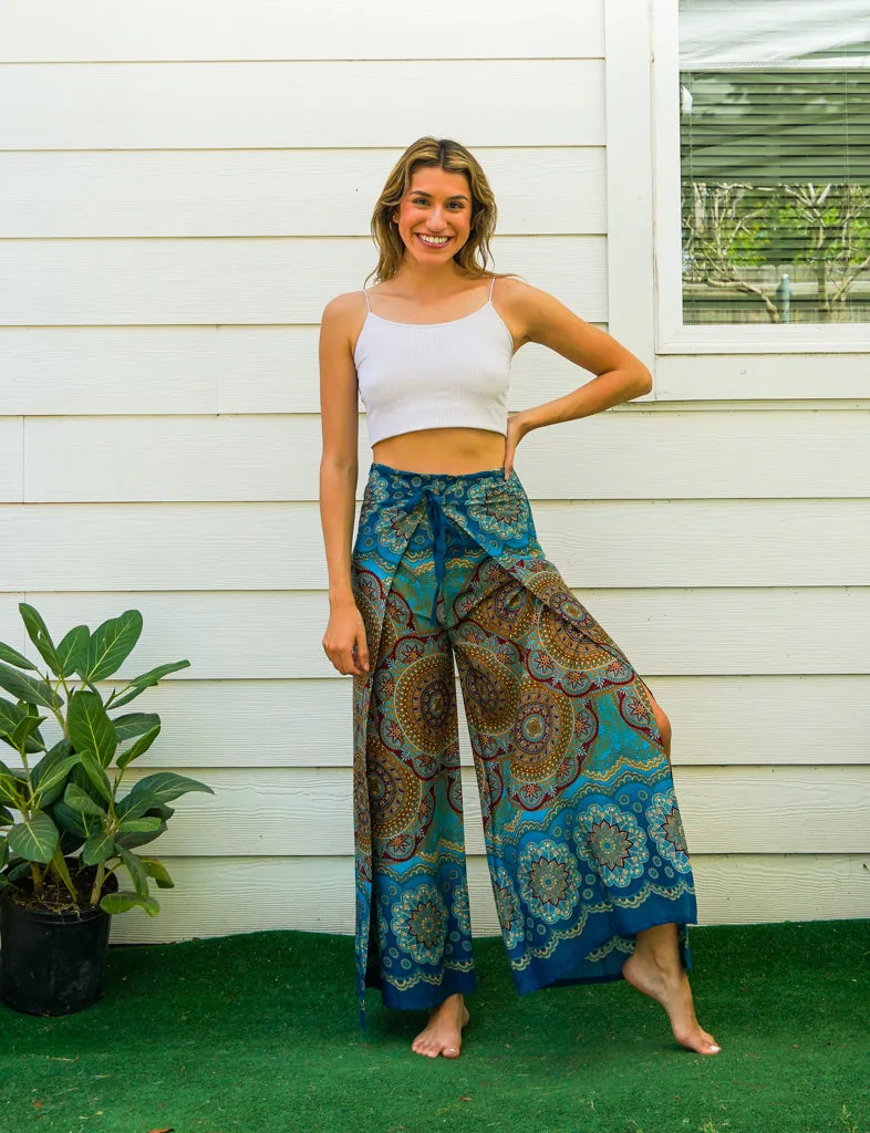 Teal Lotus Floral Mandala Palazzo Wrap Pants