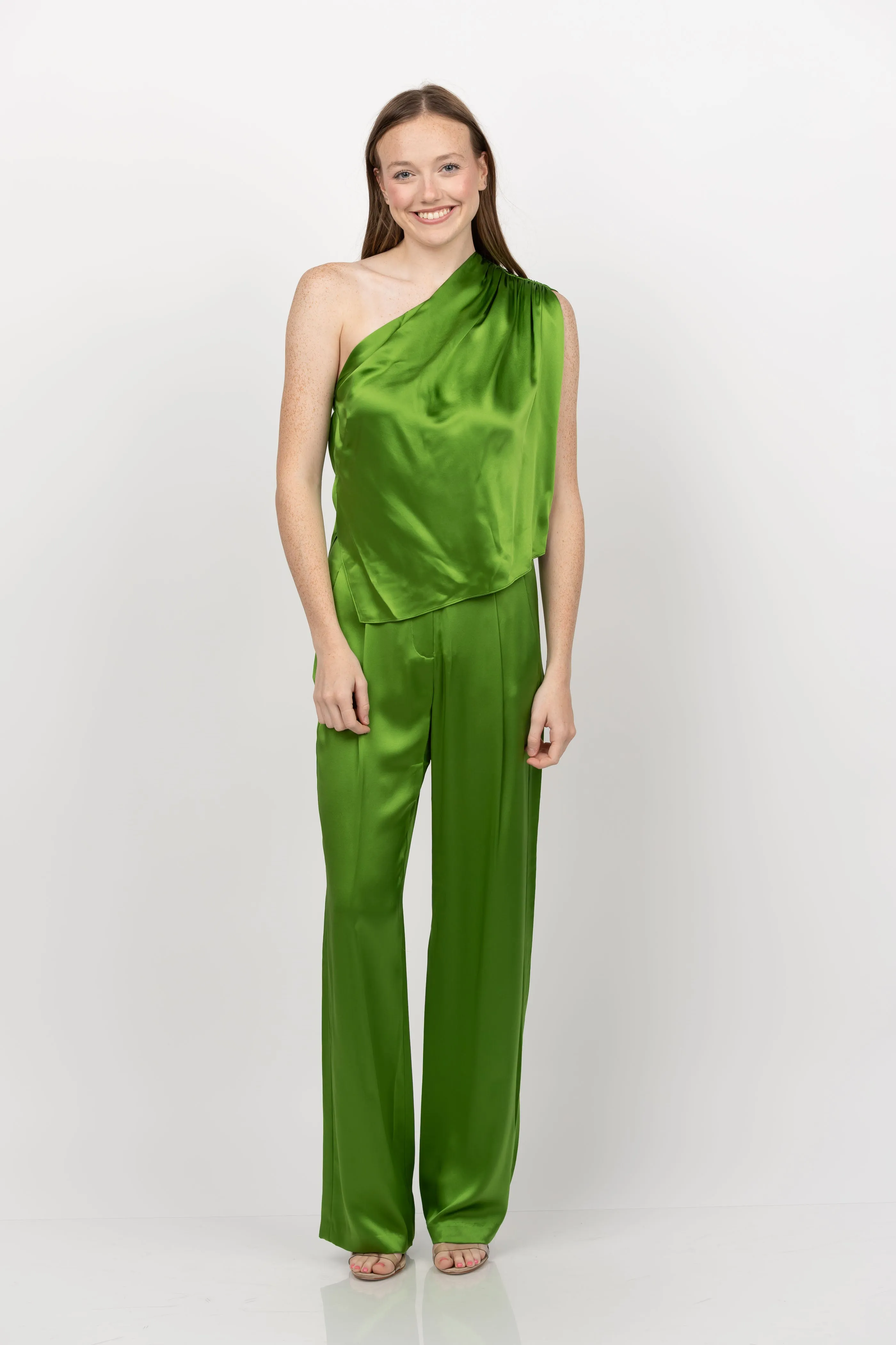 The Sei Wide Leg Silk Pants in Leaf Green