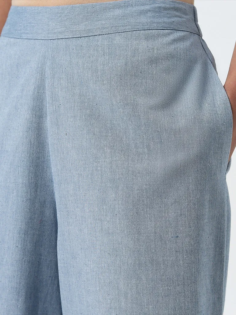 Utsa Light Blue High-Rise Straight Cotton Pants