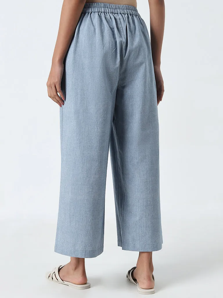 Utsa Light Blue High-Rise Straight Cotton Pants