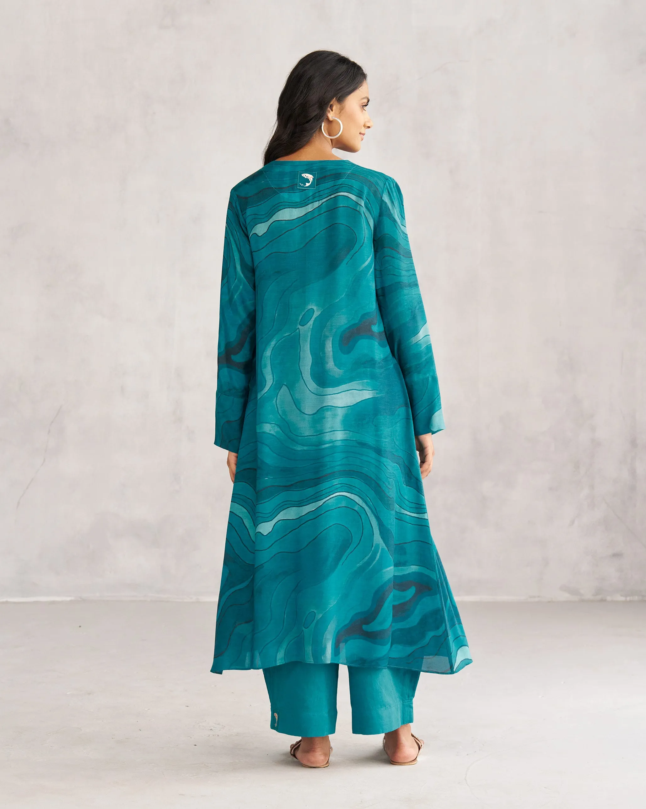 V-Neck Flare Kurta - Teal Tssxnb