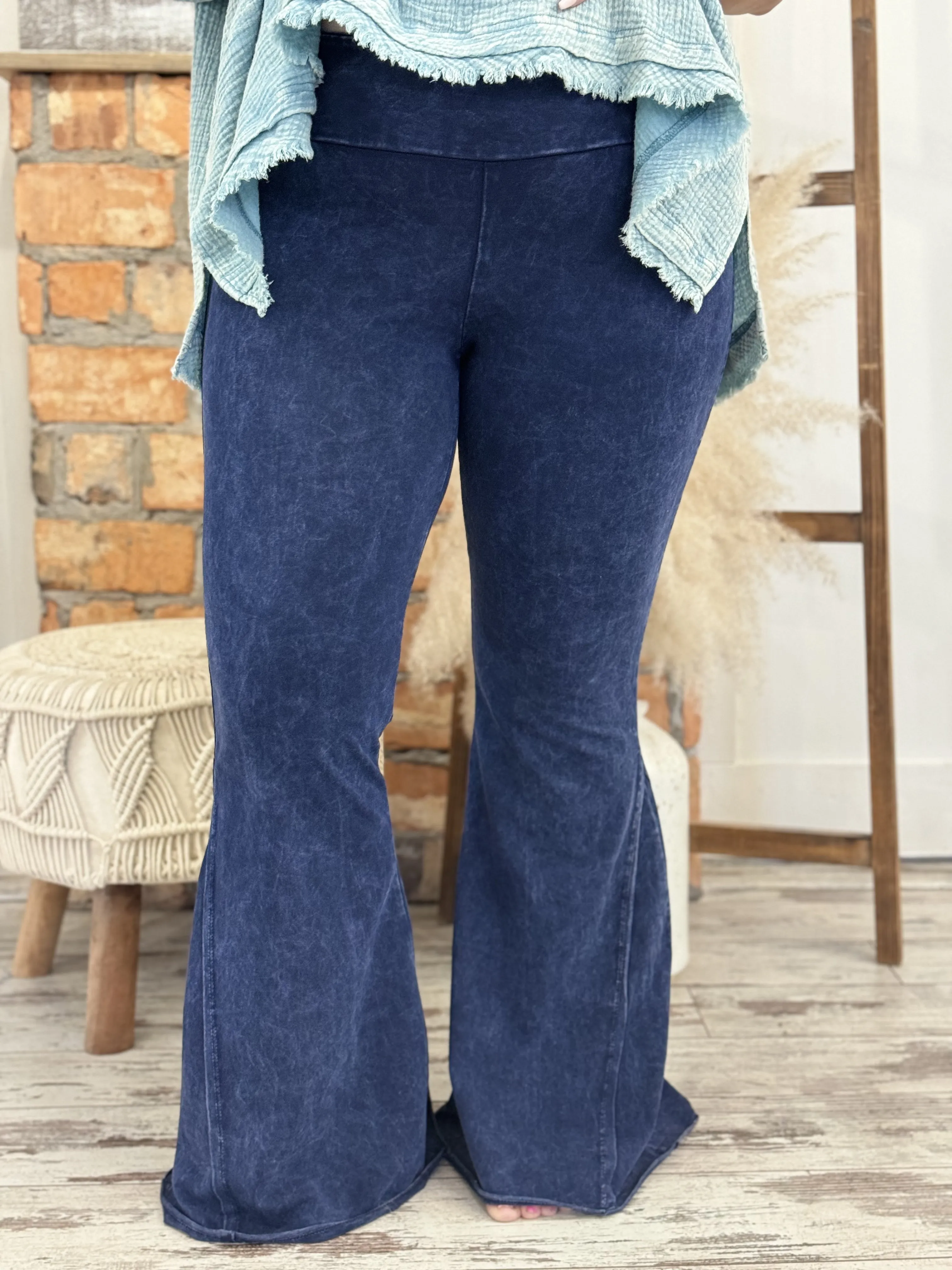 Washed Side Panel Flare Bell Bottom Pants in Dark Denim