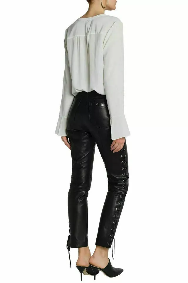 Women's Designer Black Lambskin Leather Pants